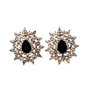 Vintage Style Clear Rhinestones Black Prong Round Design Statement Earrings